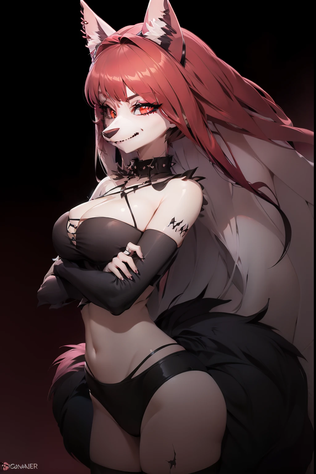 Loona Hellhound, Loona, female, furry, ((cabelo vermelho)), smoke in background, terno, roupa social