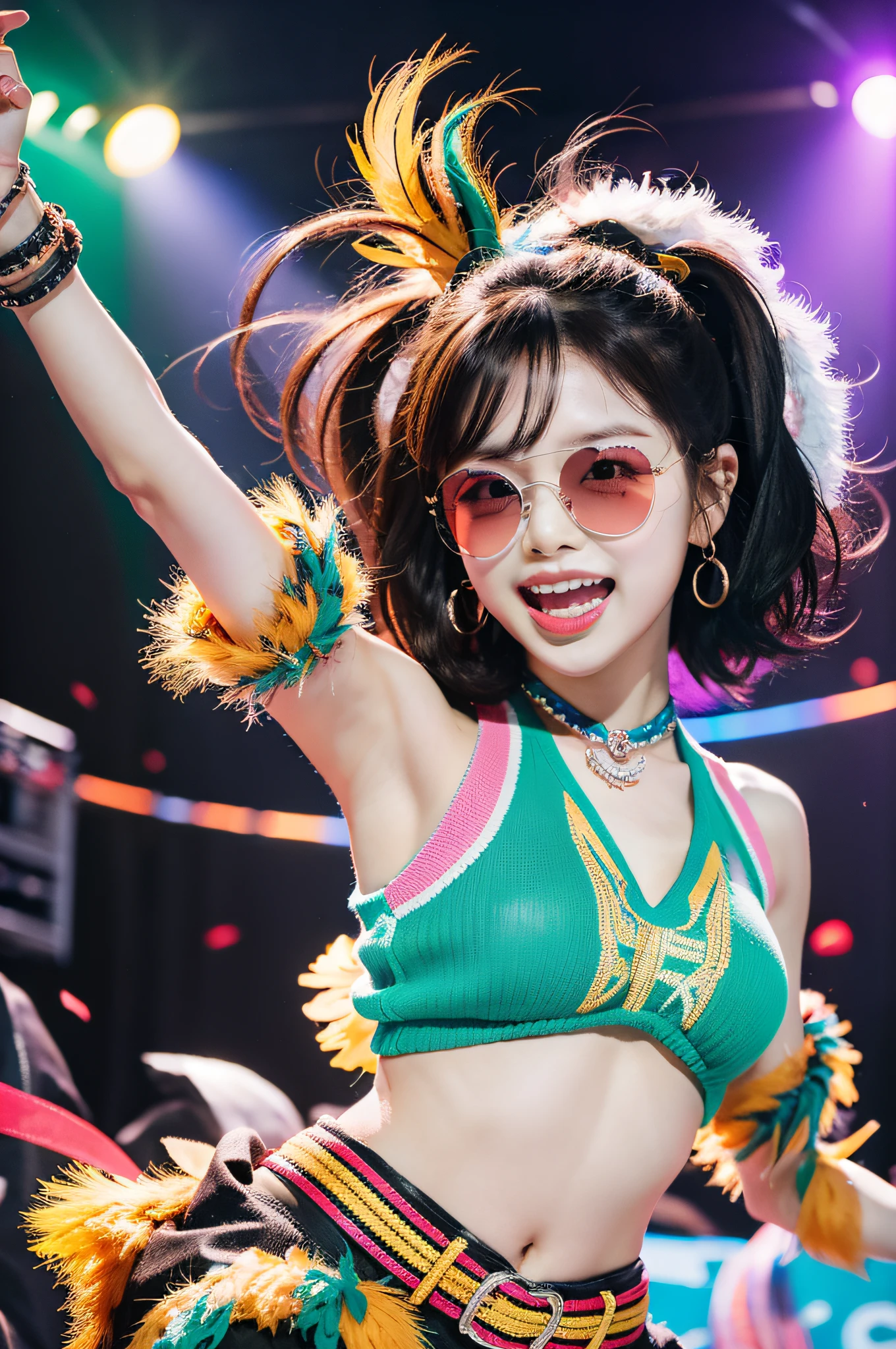 Vivid depiction of "Eri Kamei" From Morning Musume。, Immerse yourself in the world of idols. Her outfits are a blend of retro and modern, Energetic dance moves. Props such as feather boas and sunglasses enhance her appearance, Set design takes viewers to live concerts. Close-up shots capture her singing, Her white teeth and skin glowing under the concert light. playful expression, Group Organization, and iconic dance moves bring the scene to life. Images should be of the highest quality, Capturing the essence of live performances with the charm of idols. Use Sony Alpha a9 II mirrorless camera, FE 24-70mm f/2.8 GM Lenses, Resolution 24.2 megapixels, ISO sensit: 204,800, Shutter Speed 1/32000 seconds - AR 16:9 - V5.1 --Style raw --Q 2 --S 750.