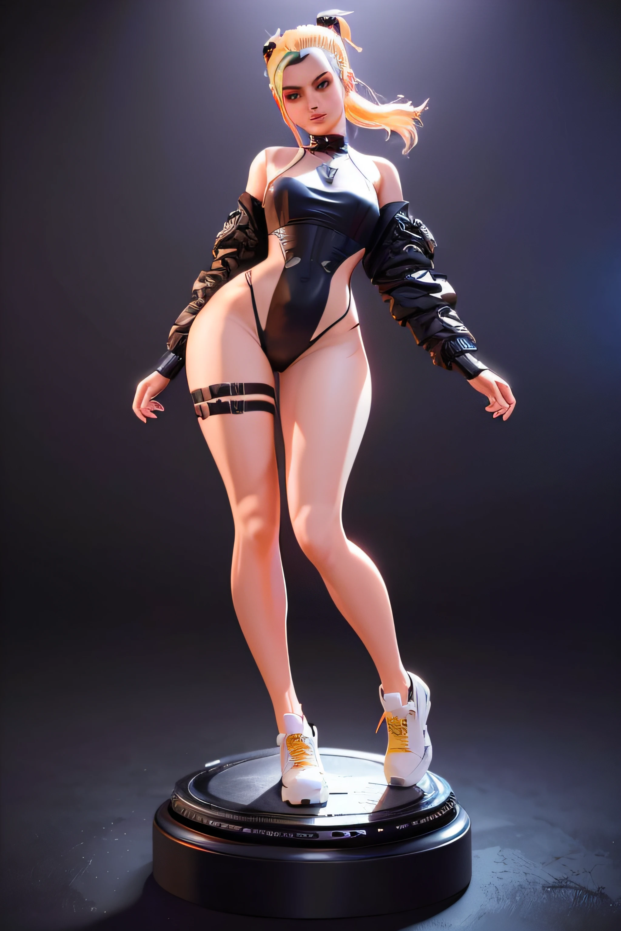 A close-up of a woman in black outfit posing on a black surface, Cyberpunk 2 0 et. o model girl, 3 D Rendu Personnage Art 8 K, Corps entier CGonSociety, Photorealistic whole body, Le personnage est dans sa pose naturelle, photorealistic anime girl render, corps entier femelle, Art des personnages 3D, cgsociety masterpiece, photorealistic perfect body