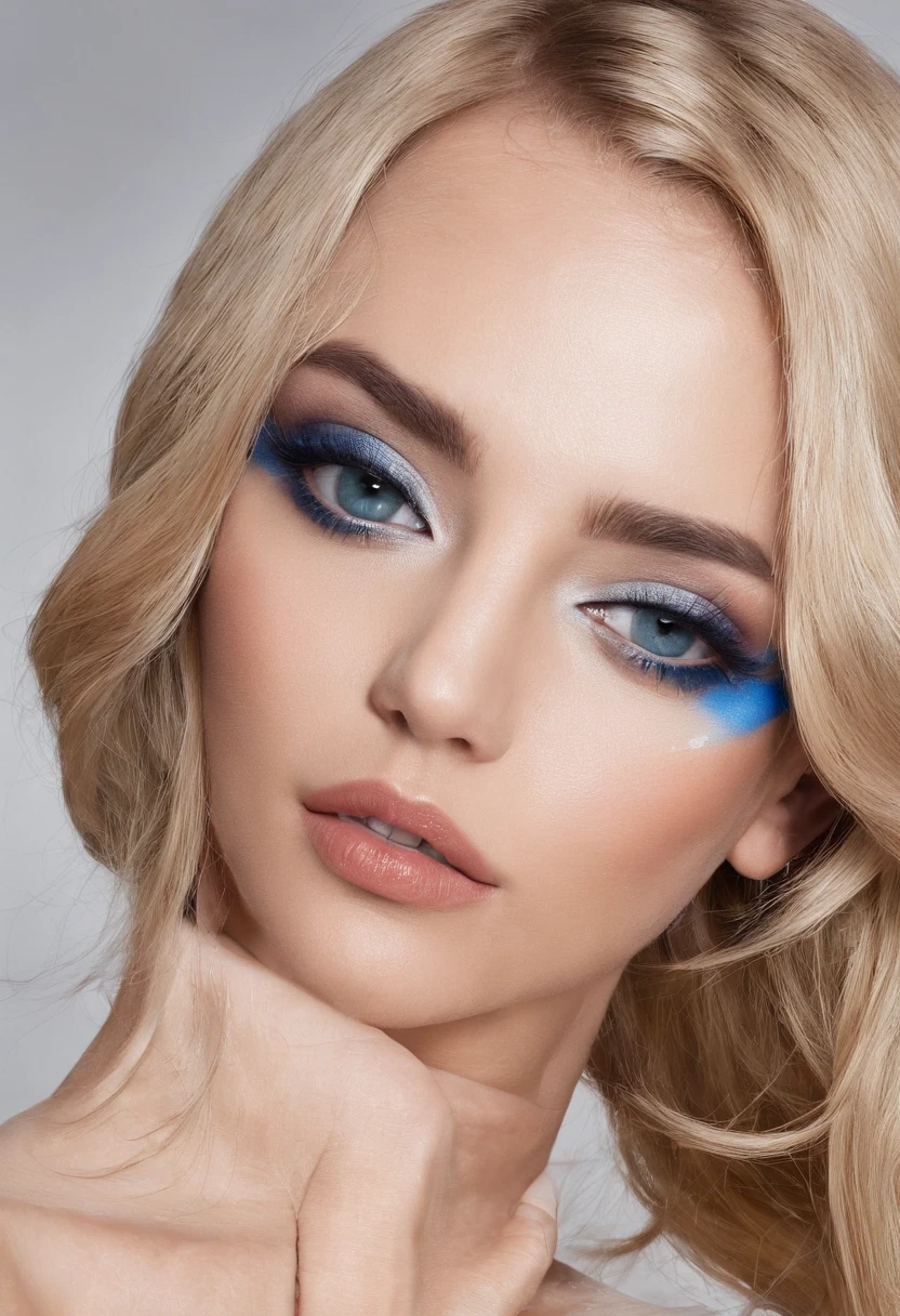 (Publicity photo for luxury cosmetics), modelo de moda, Olhando para o Viewer, headpe, Sobrancelhas Grossas com fios marcados, bright lips, batom vermelho bem delineado, sombra azul marcante, long eyeslashes, cabelo curto preto, fundo simples, sorriso sutil, (professional lighting ), luz difusa