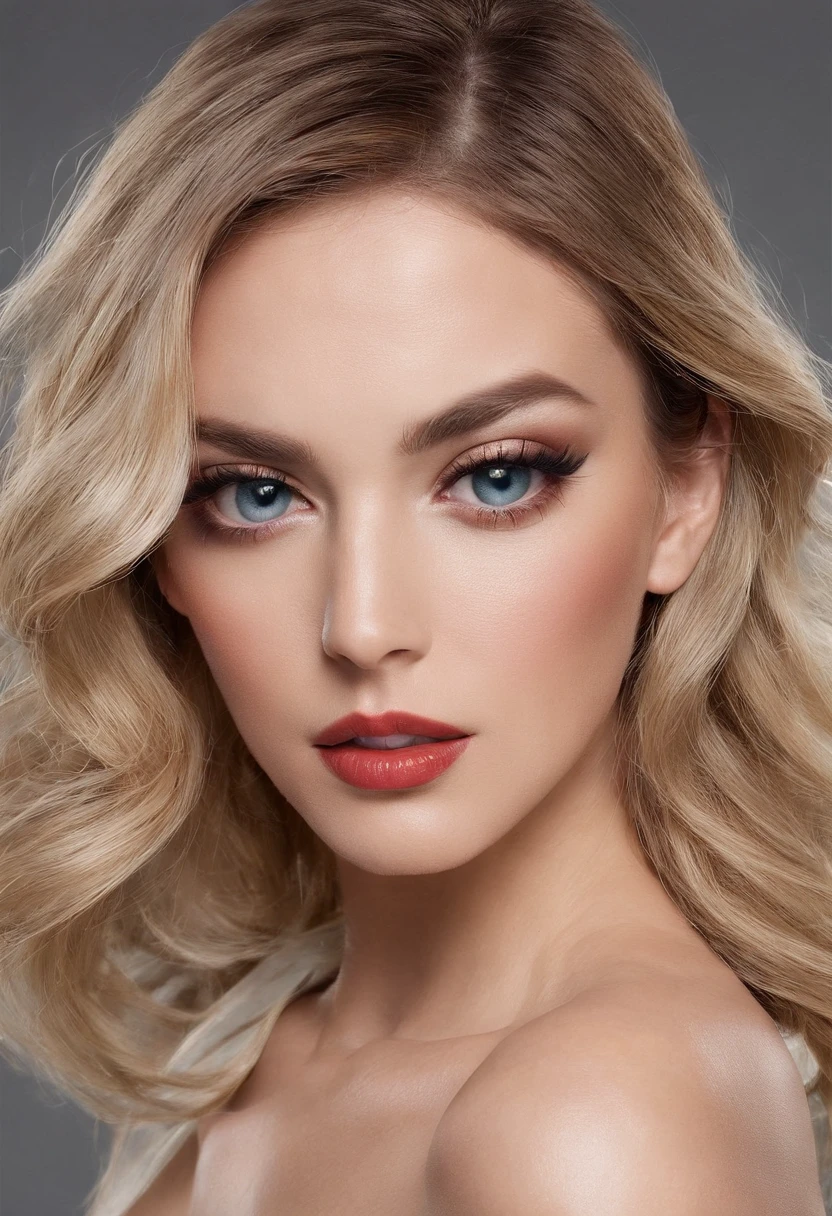(Publicity photo for luxury cosmetics), modelo de moda, Olhando para o Viewer, headpe, Sobrancelhas Grossas com fios marcados, bright lips, batom vermelho bem delineado, sombra azul marcante, long eyeslashes, cabelo curto preto, fundo simples, sorriso sutil, (professional lighting ), luz difusa