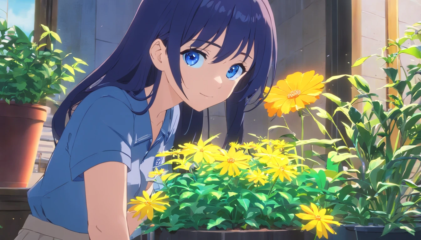 (Clean, (Masterpiece), Very high quality, Broad lens,professional, Highly detailed, hdr,hyper HD,16k), Flower shop,Lots of potted plants,Lots of bouquets,Cute and lively girl making bouquet,A smile on his face,The windows let sunlight in, Solo, Take a flower pot,Long black hair, Wavy hair, bangs, Expressive eyes, (Dark blue eyes:1.5), Perfect face,