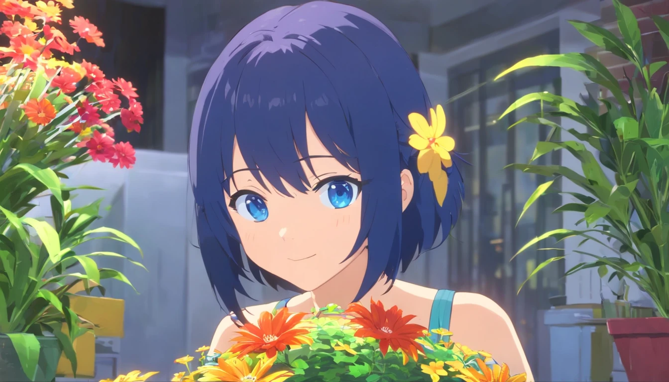 (Clean, (Masterpiece), Very high quality, Broad lens,professional, Highly detailed, hdr,hyper HD,16k), Flower shop,Lots of potted plants,Lots of bouquets,Cute and lively girl making bouquet,A smile on his face,The windows let sunlight in, Solo, Take a flower pot,Long black hair, Wavy hair, bangs, Expressive eyes, (Dark blue eyes:1.5), Perfect face,