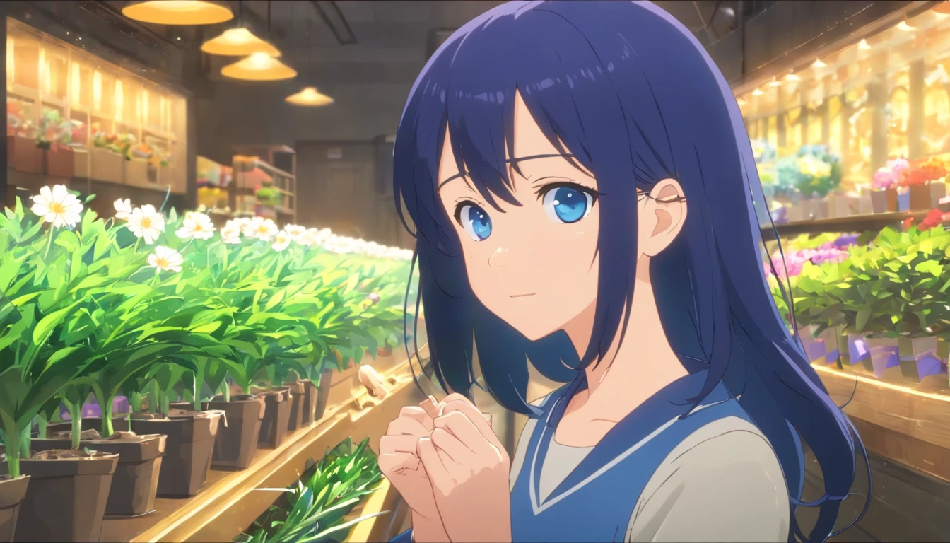 (Clean, (Masterpiece), Very high quality, Broad lens,professional, Highly detailed, hdr,hyper HD,16k), Flower shop,Lots of potted plants,Lots of bouquets,Cute and lively girl making bouquet,A smile on his face,The windows let sunlight in, Solo, Take a flower pot,Long black hair, Wavy hair, bangs, Expressive eyes, (Dark blue eyes:1.5), Perfect face,