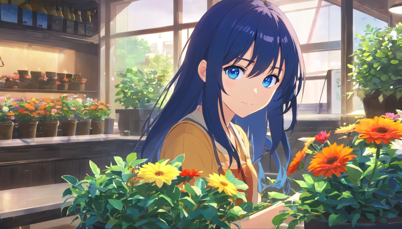 (Clean, (Masterpiece), Very high quality, Broad lens，professional, Highly detailed, hdr,hyper HD,16k), Flower shop，Lots of potted plants，Lots of bouquets，Cute and lively girl making bouquet，A smile on his face，The windows let sunlight in， Solo, Take a flower pot，Long black hair, Wavy hair, bangs, Expressive eyes, (Dark blue eyes:1.5), Perfect face,