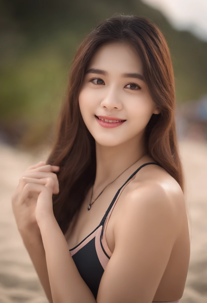 Best quality, Masterpiece, high resolution, 1girll, 校服,pupils,Hair accessories, necklace, jewelry, Beautiful face, On the body, Tyndall effect, Realistic, Dark Studio, Edge lighting, Two-tone lighting, (High detail skin: 1.2), 8K UHD, Digital SLR, Soft light, High quality, volumettic light, candid, Photo, high resolution, 4K, 8K, Background blur,Double,Boys help girls apply sunscreen,beachside, schoolgirls,18yr old,Pure,Asians,swim wears, sandbeach, Coconut Tree, beach chair,Man and woman playing beach volleyball in background