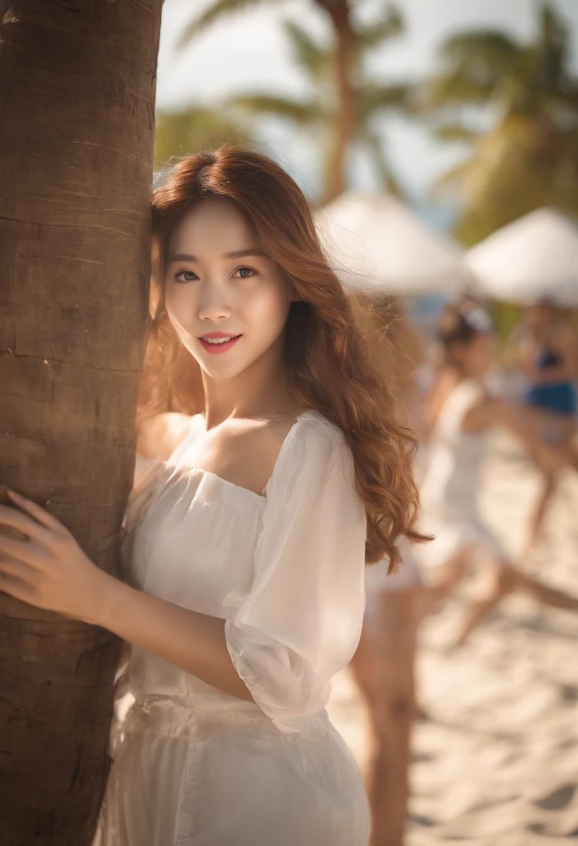 Best quality, Masterpiece, high resolution, 1girll, 校服,pupils,Hair accessories, necklace, jewelry, Beautiful face, On the body, Tyndall effect, Realistic, Dark Studio, Edge lighting, Two-tone lighting, (High detail skin: 1.2), 8K UHD, Digital SLR, Soft light, High quality, volumettic light, candid, Photo, high resolution, 4K, 8K, Background blur,Double,Boys help girls apply sunscreen,beachside, schoolgirls,18yr old,Pure,Asians,swim wears, sandbeach, Coconut Tree, beach chair,Man and woman playing beach volleyball in background