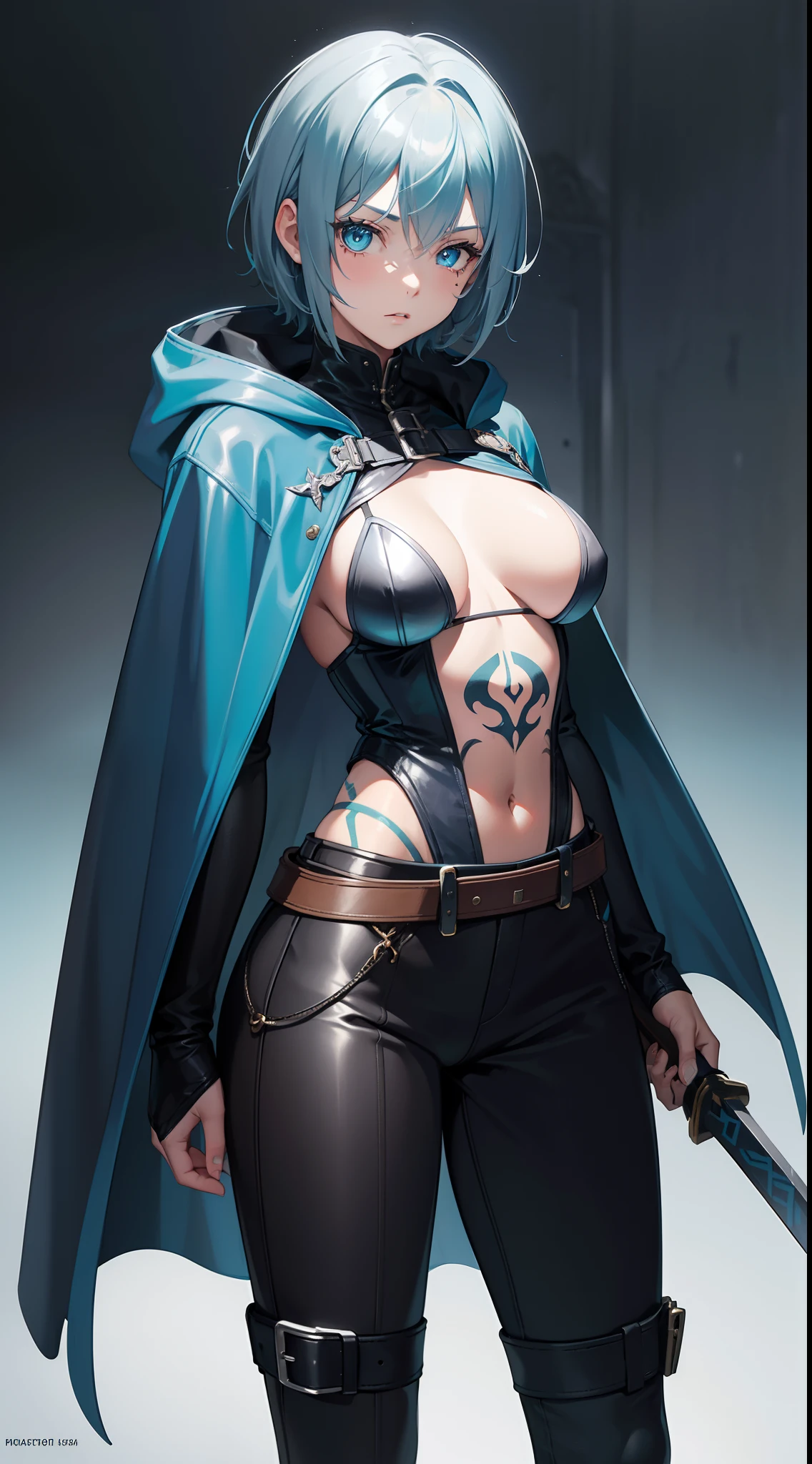 young girl, short gray hair, tomboy, Cyan eyes, Scars, Tatoo, Blue leather cloak, breeches, two swords, open breasts, Masterpiece, hiquality, 4k, HD, Good detail