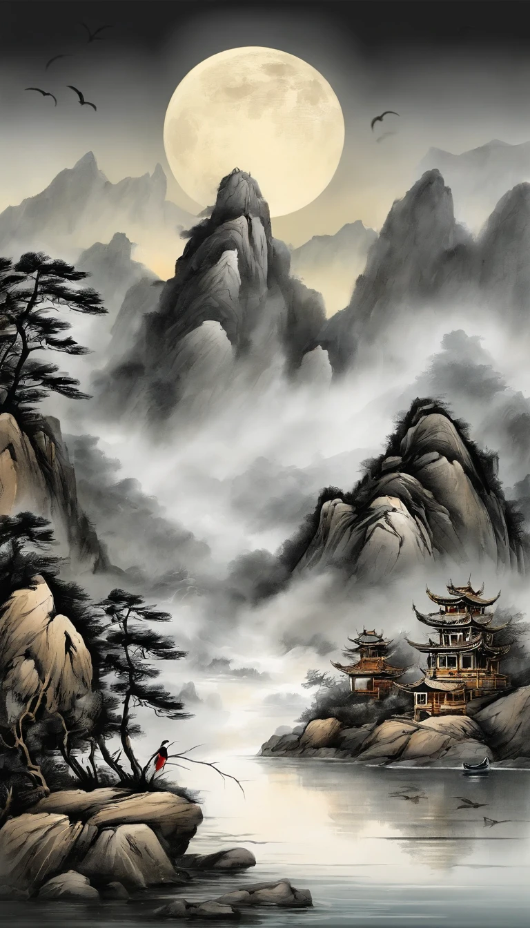 Chinese landscape painting，ink and watercolor painting，water ink，ink，Smudge，Faraway view，Ultra-wide viewing angle，Meticulous，low-saturation，Low contrast，Night rendering，nighttime scene，The sea rises and the moon rises，The light boat has crossed the Ten Thousand Heavy Mountains，Moon，small boats，Flying birds，Beautifully depicted，A detailed，acurate，Works of masters，tmasterpiece