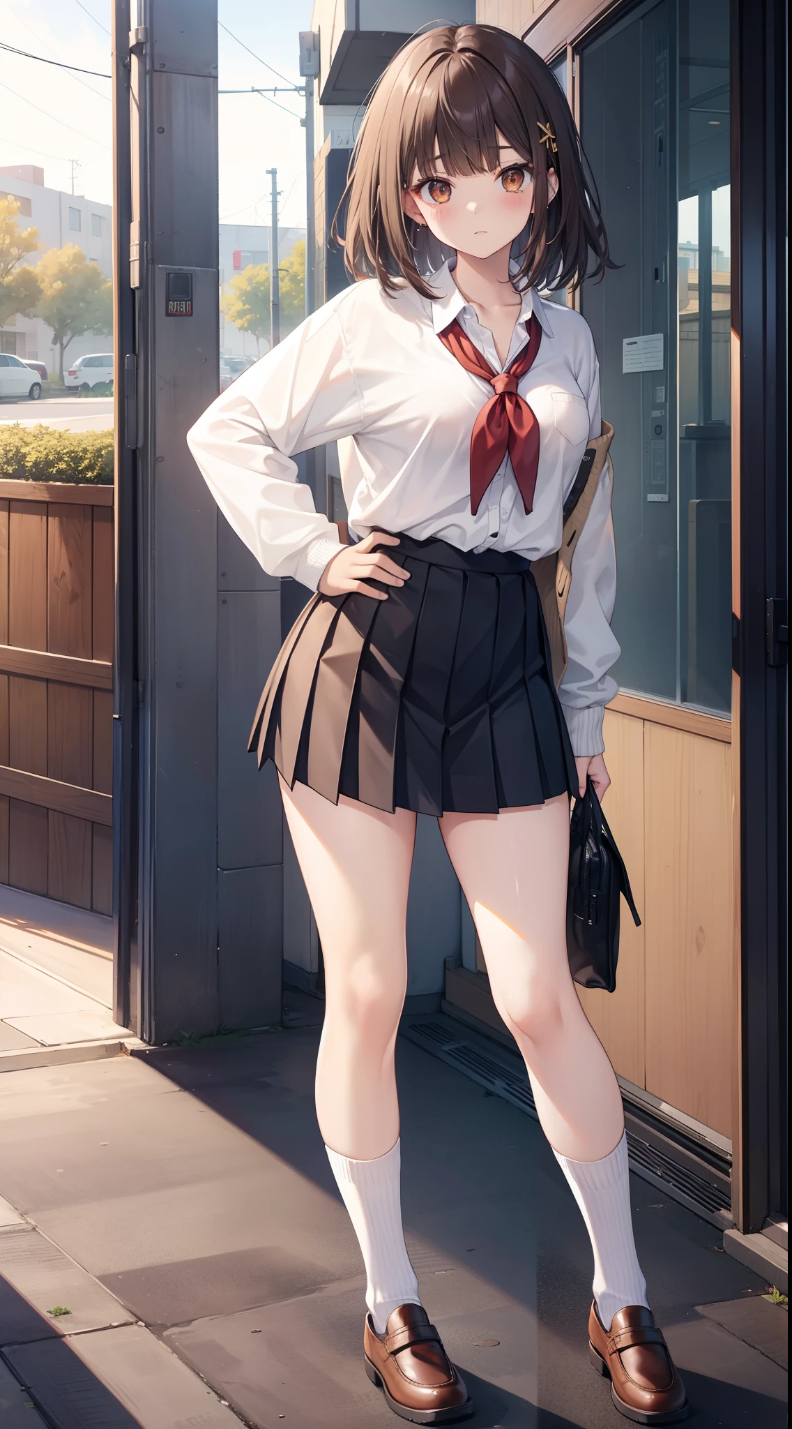 masterpiece, best quality, highres, kr1, brown eyes, blunt bangs, kibito high school uniform, skirt, sweater, pleated skirt, socks, small breasts, leaning forward, hand on hip,