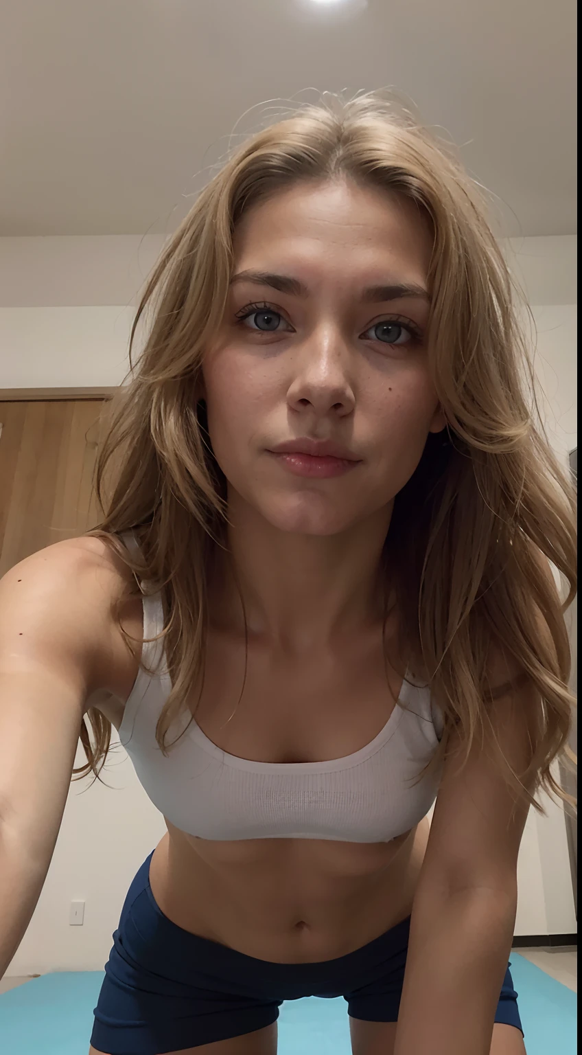 arafed woman in a white tank top and blue shorts on a blue mat, 33 year old female model, sexy look at the camera, selfie of a young woman, 8k selfie photograph, without makeup, no makeup wavy hair, she is facing the camera, sexy face, perfect face ), looking directly at the camera, woman, natural skin tone, no makeup, no lipstick