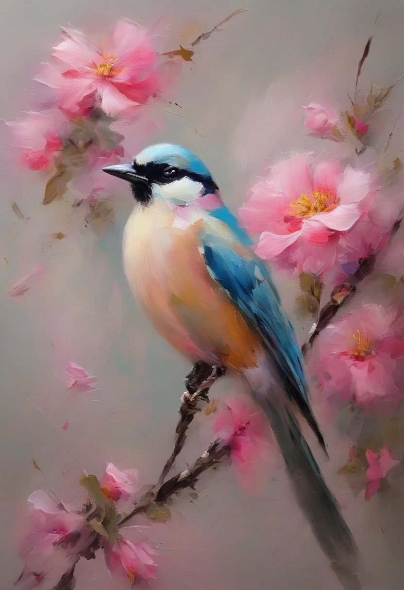 A bird remains in pink flowers，Take pollen，The colors are eye-catching，Sharp