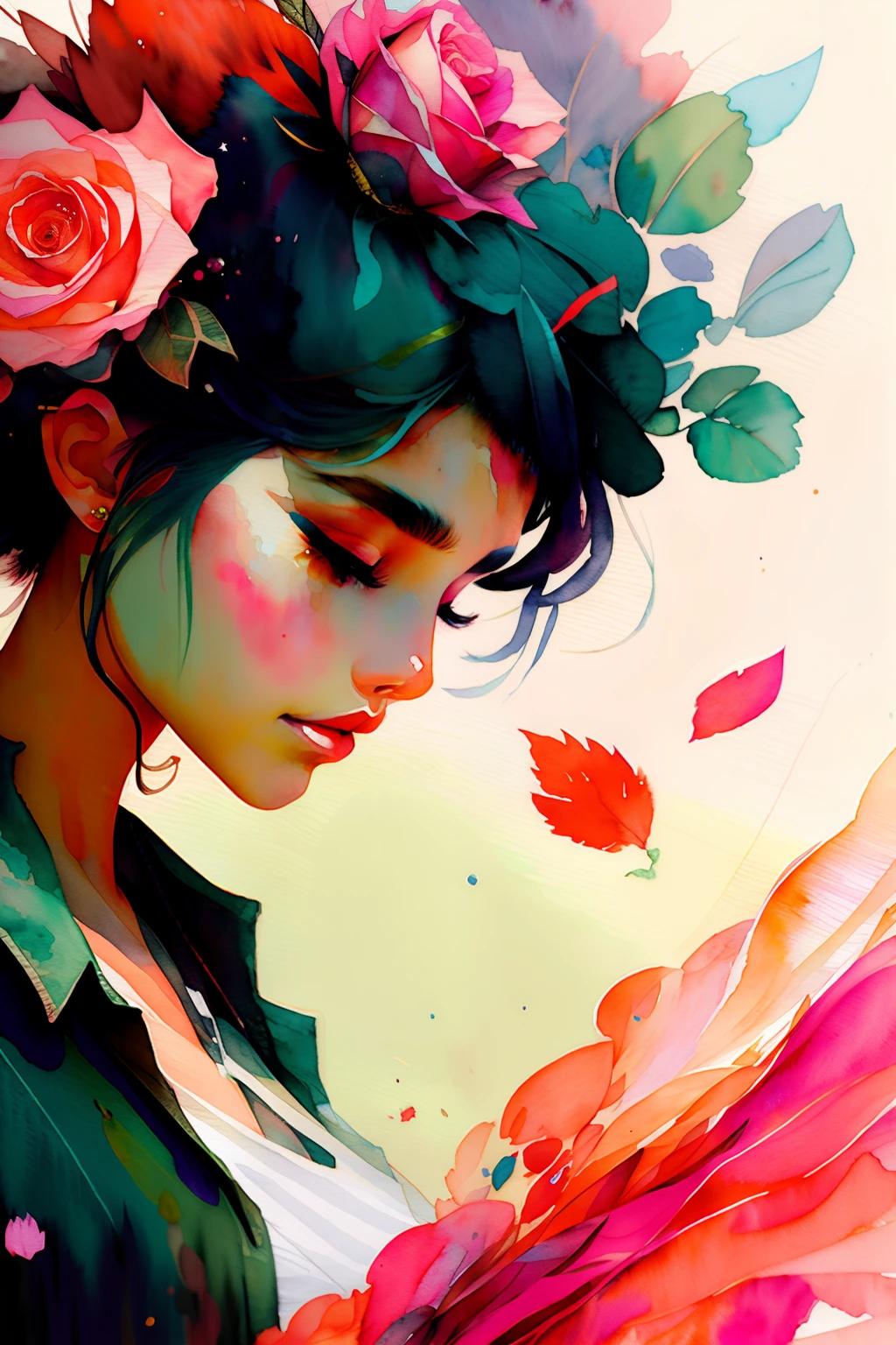 wtrcolor style, (rose) digital art, official art, blown by the wind, masterpiece, beautiful, ((watercolor)), paint splatter, intricate detail. Great detail, [dripping:0.7], Trending on Artstation, Rachel Walker
