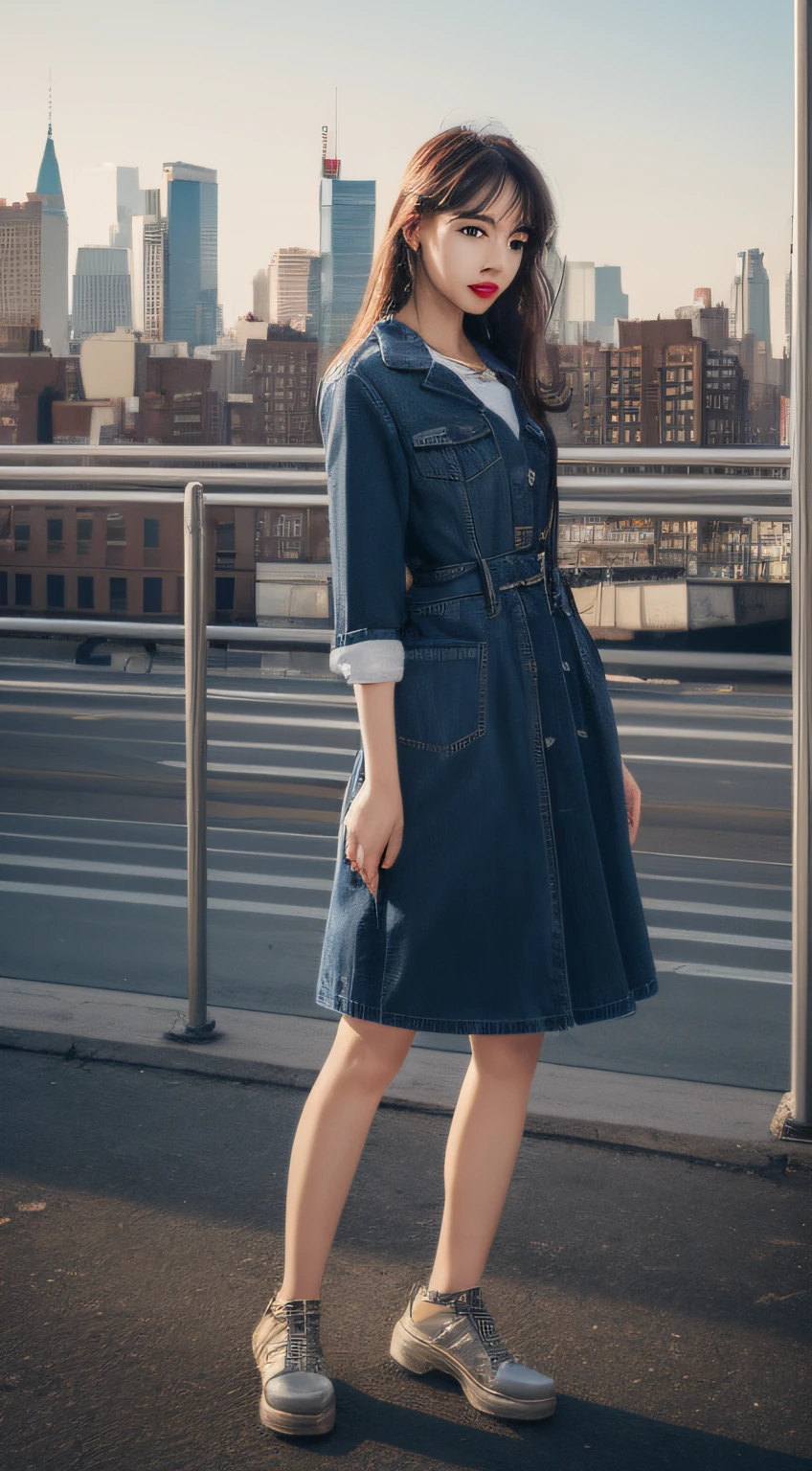make her into new york city background realistic full body