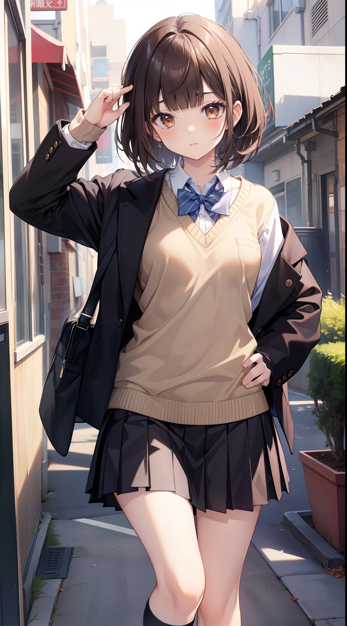 masterpiece, best quality, highres, kr1, brown eyes, blunt bangs, kibito high school uniform, skirt, sweater, pleated skirt, socks, small breasts, leaning forward, hand on hip,