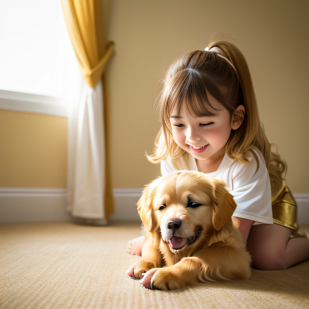 (8k, RAW photo, best quality, masterpiece:1.2), High detail RAW color photo, professional photograph,(realistic, photo realistic:1.2), ((best quality)),
 (1girl playing with 1 golden retriever:1.5), japanese girl, , cute. pretty, play together, smile, joyful,