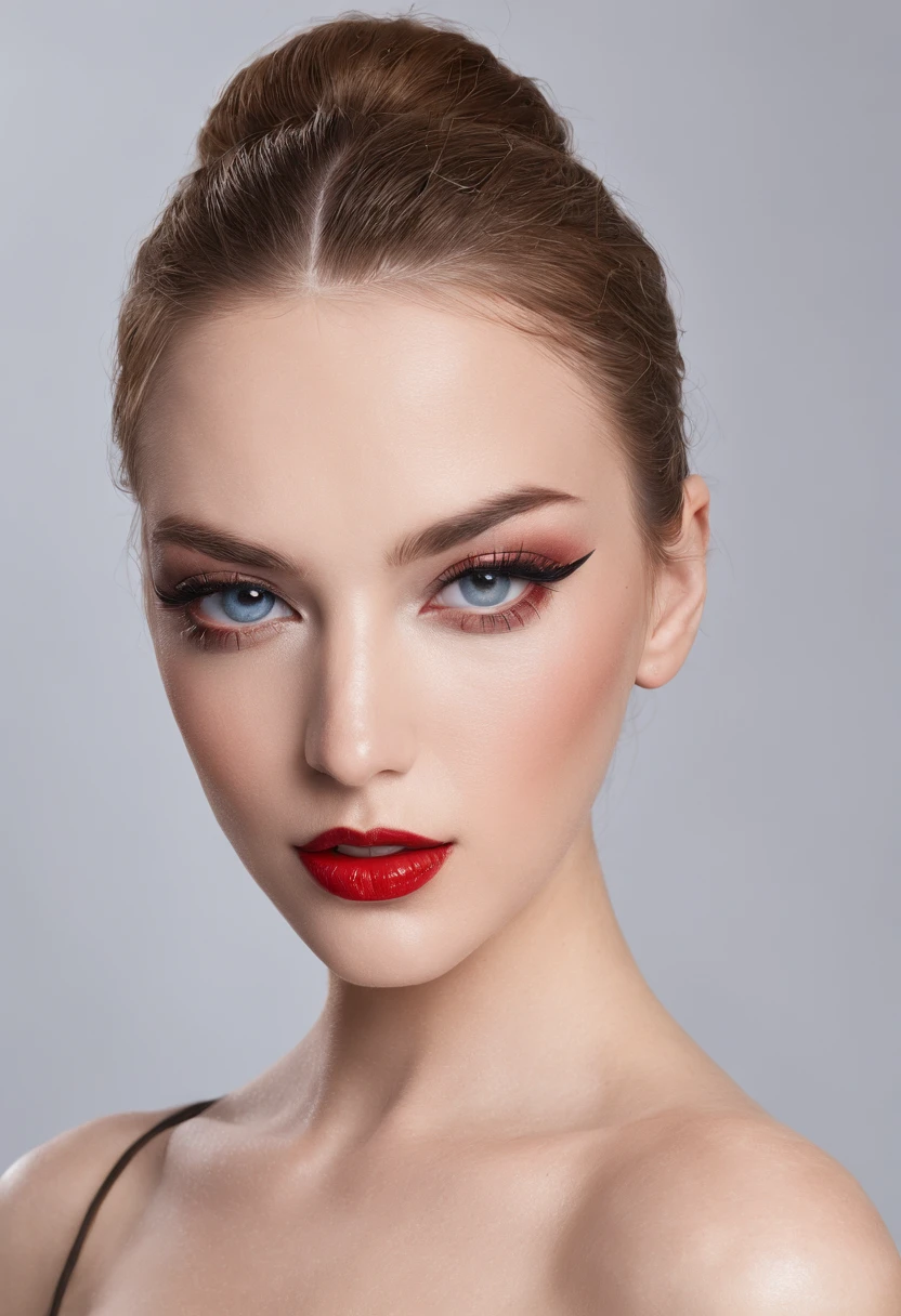 (Publicity photo for luxury cosmetics), modelo de moda, Olhando para o Viewer, headpe, Sobrancelhas Grossas, bright lips, batom vermelho bem delineado, sombra azul marcante, long eyeslashes, cabelo curto preto, fundo simples, sorriso sutil, (professional lighting ), luz difusa