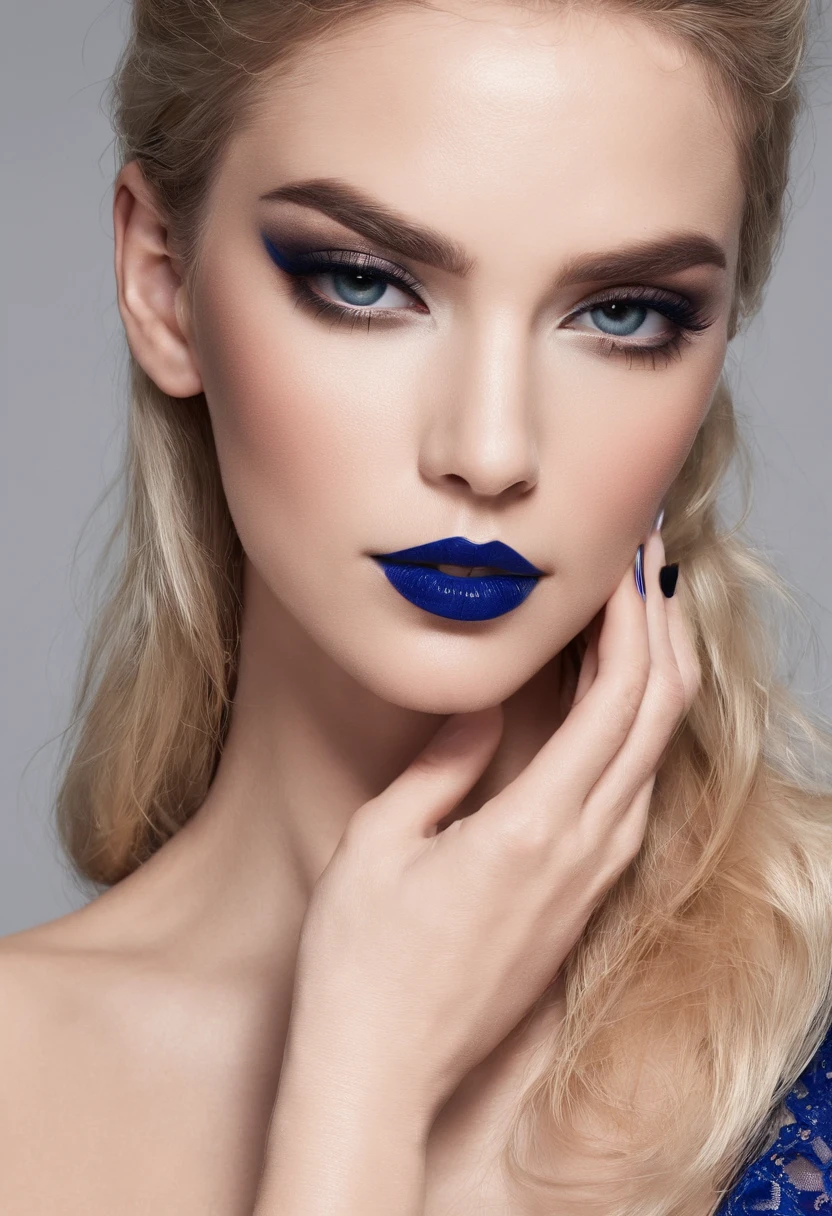 (Publicity photo for luxury cosmetics), modelo de moda, Olhando para o Viewer, headpe, Sobrancelhas Grossas, bright lips, batom vermelho bem delineado, sombra azul marcante, long eyeslashes, cabelo curto preto, fundo simples, sorriso sutil, (professional lighting ), luz difusa
