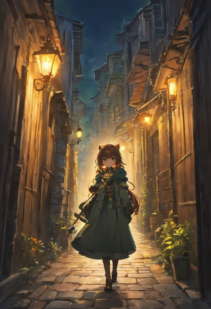 In the dimly lit alley of an old European city, a weathered, ornate street lamp casts a warm glow on the cobblestone path. A lone black cat with piercing green eyes perches on a moss-covered stone wall, watching intently as a mysterious figure in a long, hooded cloak approaches, carrying a lantern that emits an eerie blue light. The narrow alleyway is lined with ancient, crumbling buildings, their windows adorned with colorful flower boxes. In the distance, the faint strains of hauntingly beautiful music drift from an open window.