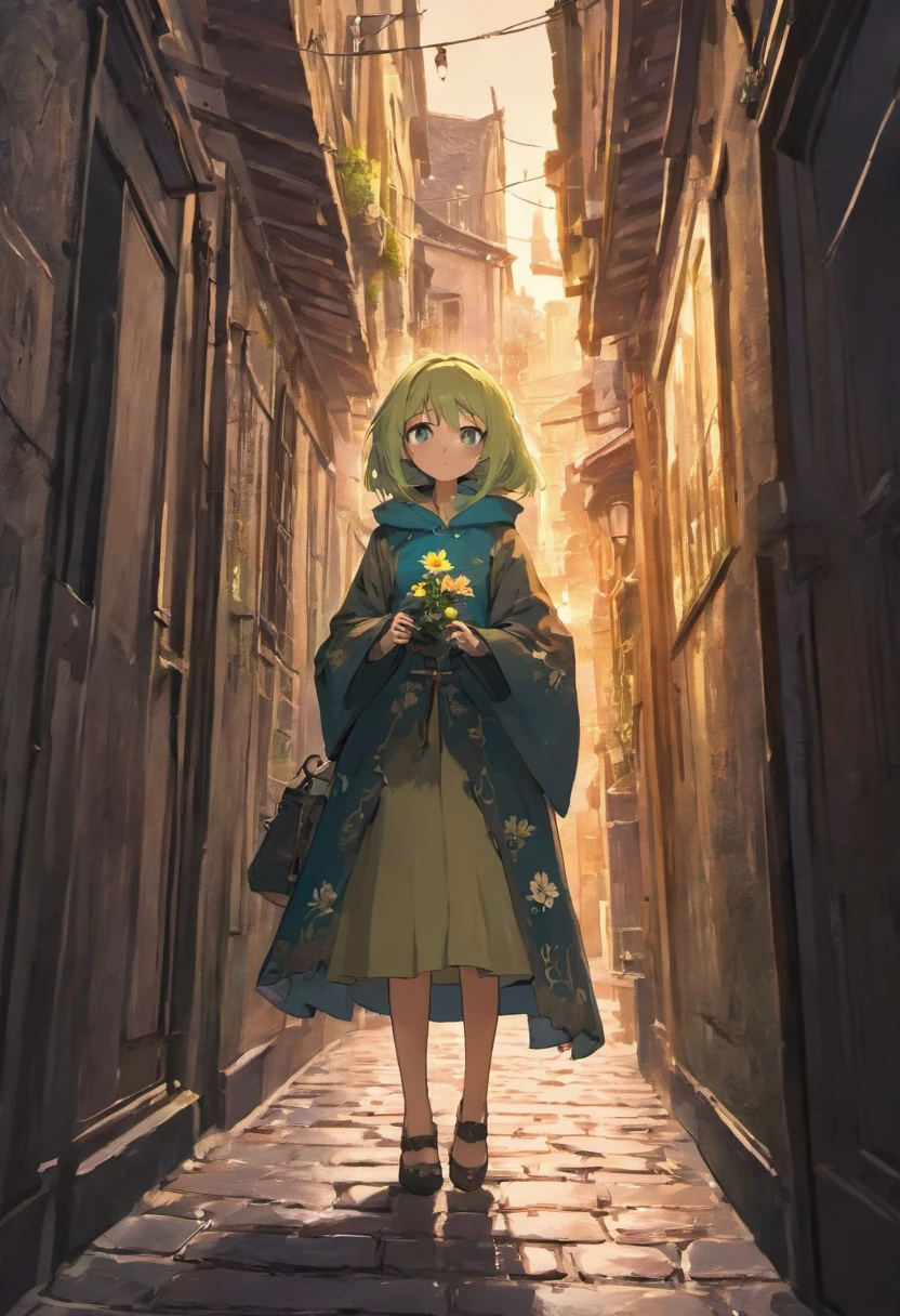In the dimly lit alley of an old European city, a weathered, ornate street lamp casts a warm glow on the cobblestone path. A lone black cat with piercing green eyes perches on a moss-covered stone wall, watching intently as a mysterious figure in a long, hooded cloak approaches, carrying a lantern that emits an eerie blue light. The narrow alleyway is lined with ancient, crumbling buildings, their windows adorned with colorful flower boxes. In the distance, the faint strains of hauntingly beautiful music drift from an open window.