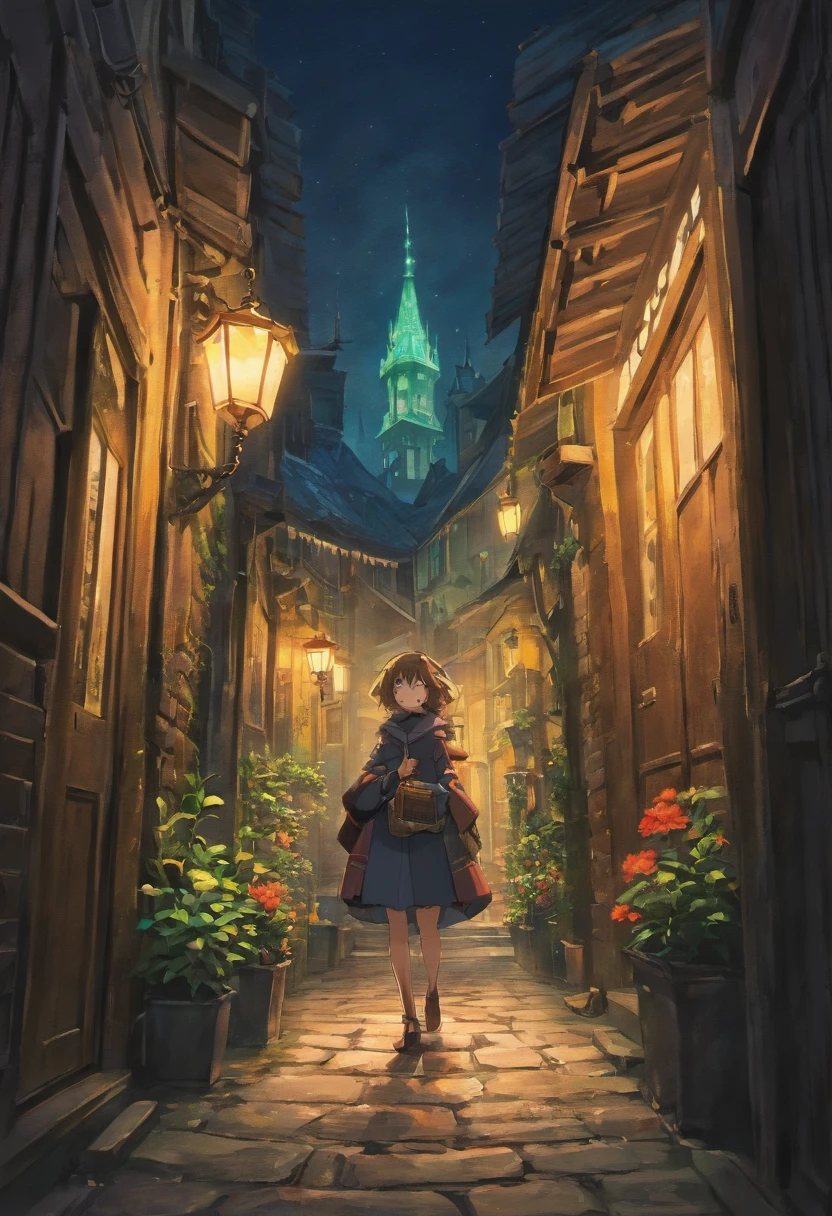 In the dimly lit alley of an old European city, a weathered, ornate street lamp casts a warm glow on the cobblestone path. A lone black cat with piercing green eyes perches on a moss-covered stone wall, watching intently as a mysterious figure in a long, hooded cloak approaches, carrying a lantern that emits an eerie blue light. The narrow alleyway is lined with ancient, crumbling buildings, their windows adorned with colorful flower boxes. In the distance, the faint strains of hauntingly beautiful music drift from an open window.