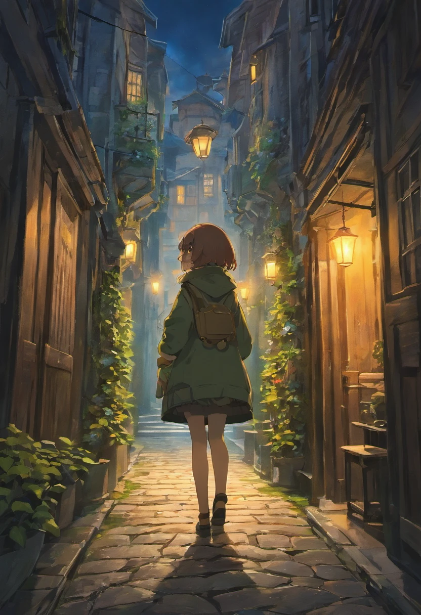 In the dimly lit alley of an old European city, a weathered, ornate street lamp casts a warm glow on the cobblestone path. A lone black cat with piercing green eyes perches on a moss-covered stone wall, watching intently as a mysterious figure in a long, hooded cloak approaches, carrying a lantern that emits an eerie blue light. The narrow alleyway is lined with ancient, crumbling buildings, their windows adorned with colorful flower boxes. In the distance, the faint strains of hauntingly beautiful music drift from an open window.
