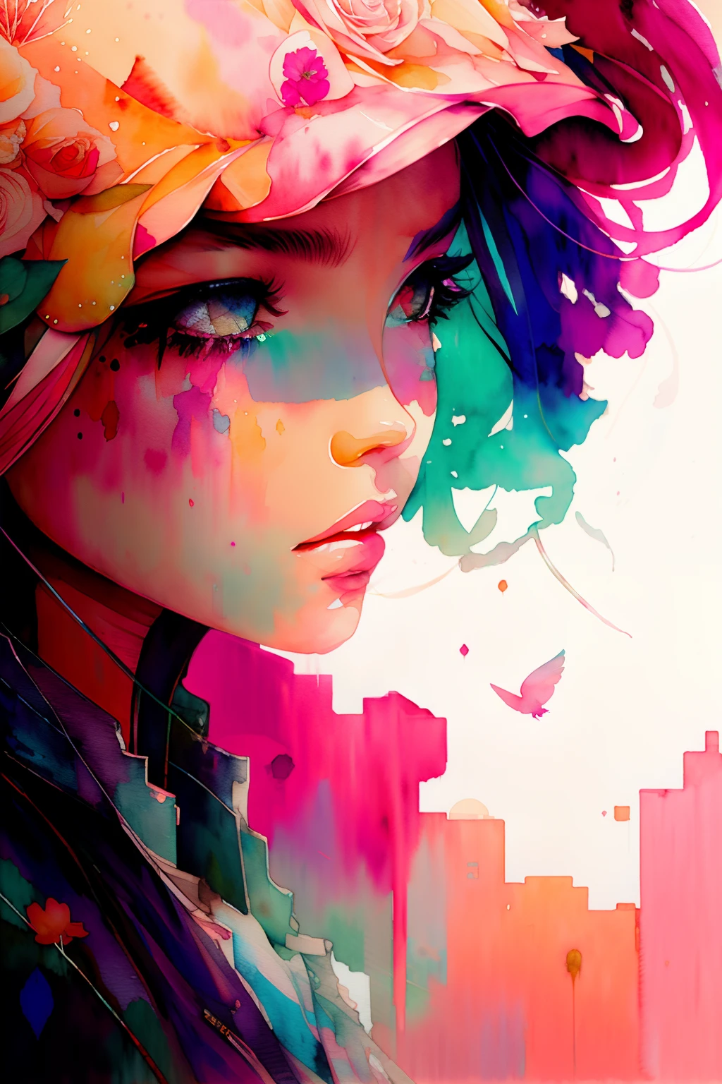 wtrcolor style, (rose) digital art, official art, blown by the wind, masterpiece, beautiful, ((watercolor)), paint splatter, intricate detail. Great detail, [dripping:0.7], Trending on Artstation, Rachel Walker