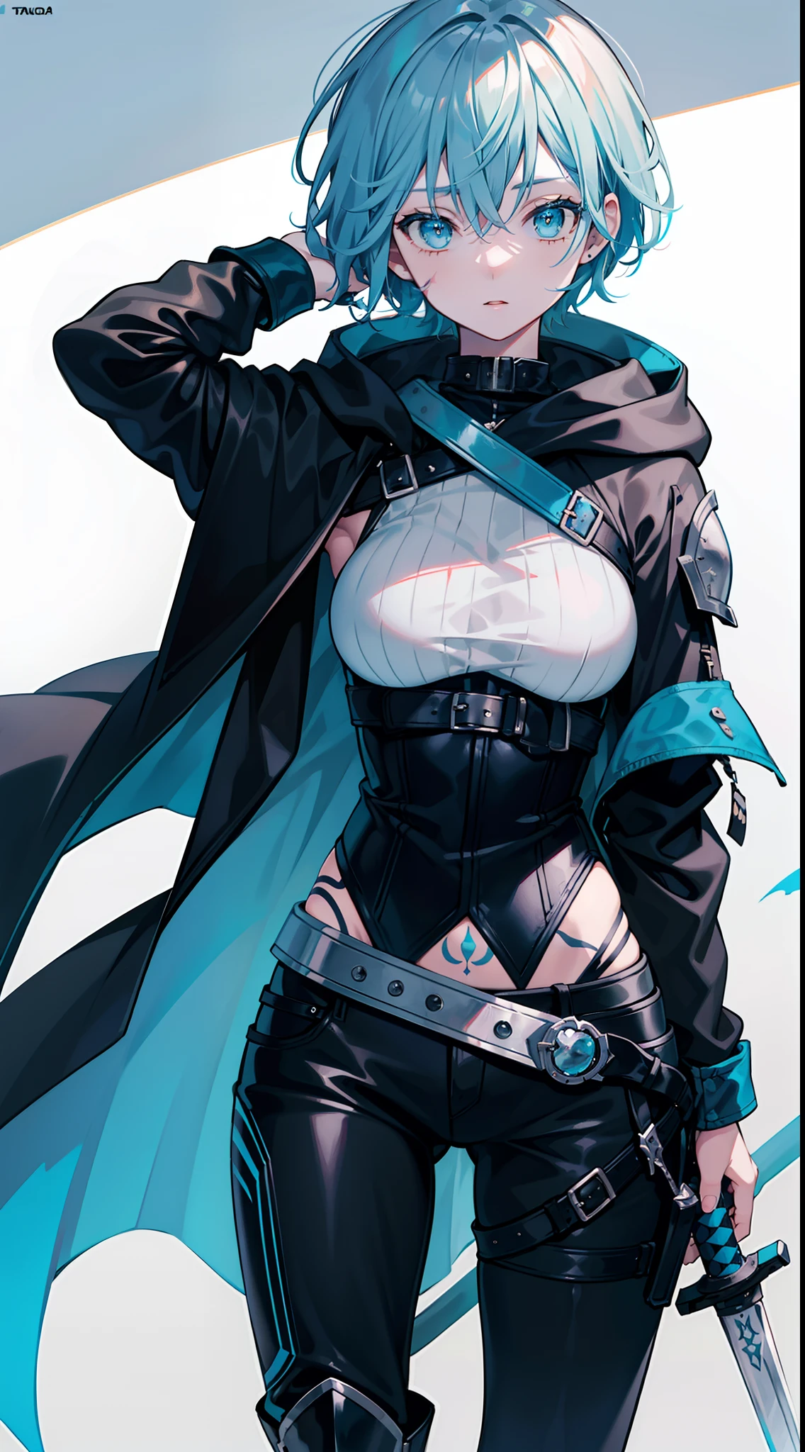 young girl, short gray hair, tomboy, Cyan eyes, Scars, Tatoo, Blue leather cloak, breeches, two swords, open breasts, Masterpiece, hiquality, 4k, HD, Good detail
