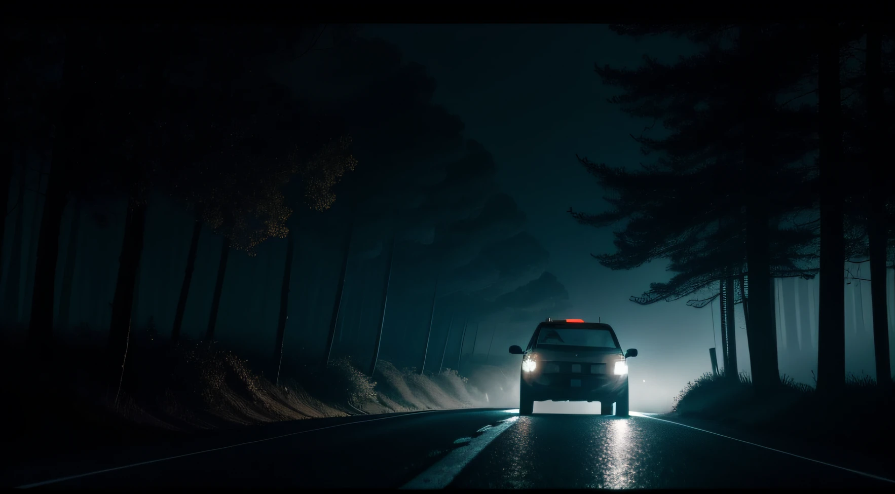 A estrada estava deserta, and the lights of the car cut through the darkness like sharp blades. The trees by the side of the road swayed ominously in the wind, and the room was filled with an unsettling silence, which was only broken by the sound of rain. terror, horror, medo