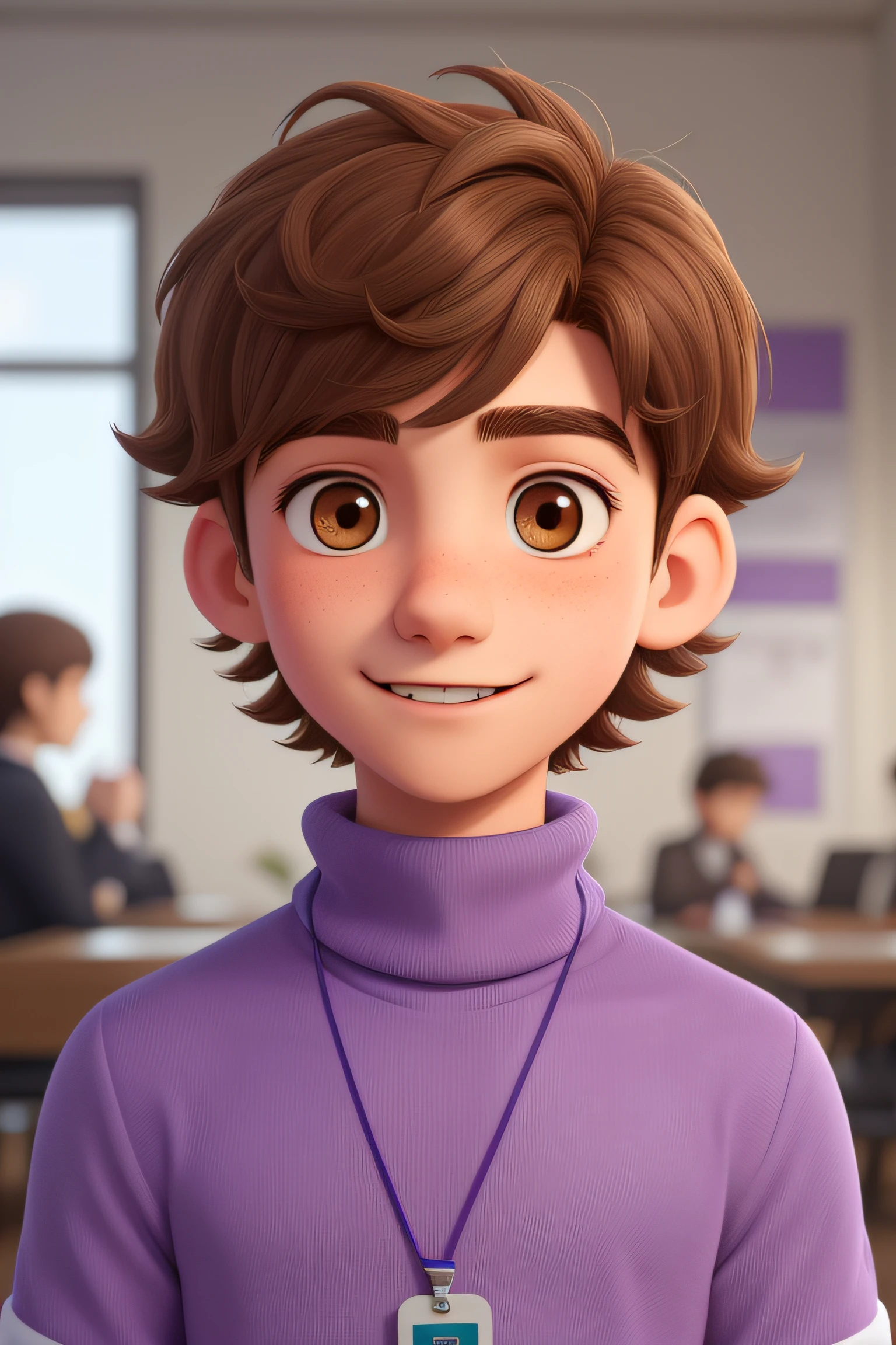 A young man of , with brown disheveled hair, cute face, boxy face, and brown eyes, wearing white turtleneck (purple landyard and id card).
