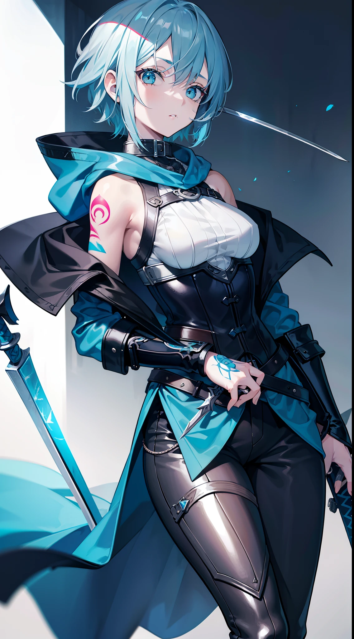 young girl, short gray hair, tomboy, Cyan eyes, Scars, Tatoo, Blue leather cloak, breeches, two swords, open breasts, Masterpiece, hiquality, 4k, HD, Good detail