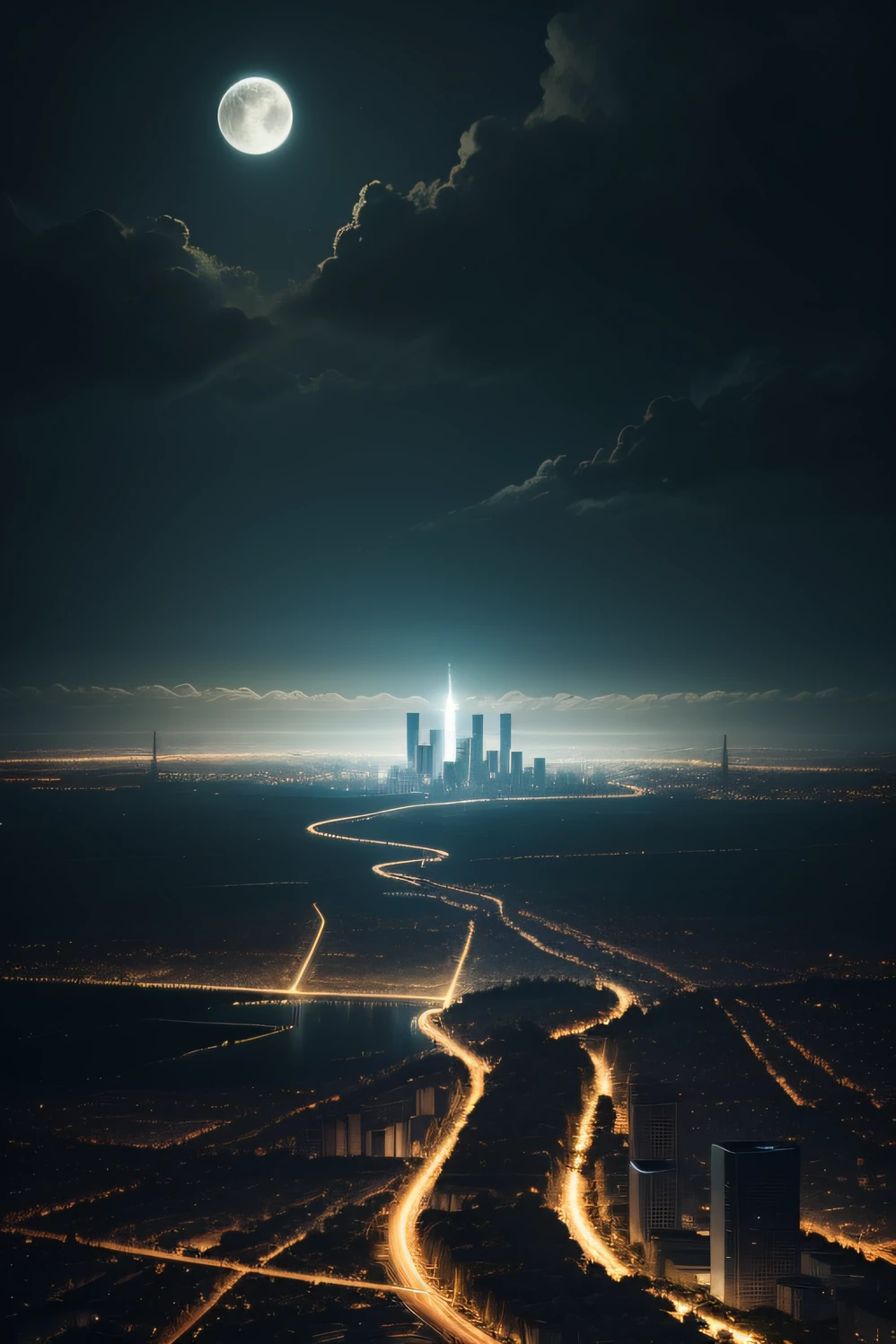 A city at night with a large moon and vegetation
