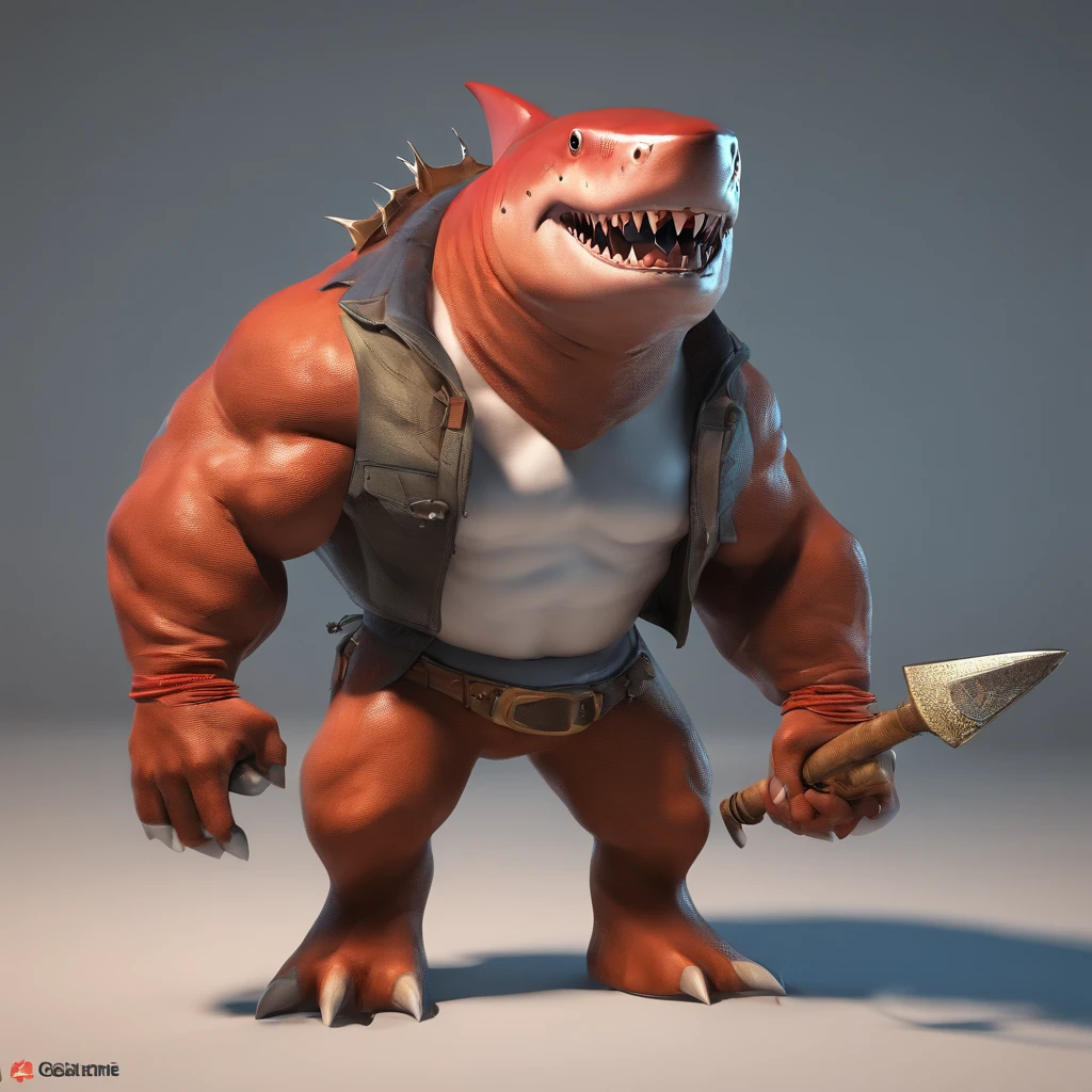 full bodyesbian (head to toe) King Shark with hammer, Portrait inspired by Justin Gerard, Wearing the Bitcoin chain, art  stations, Furry art, anthropomorphic shark, shark man, thresher shark human hybrid, 3D rendering of,Best quality