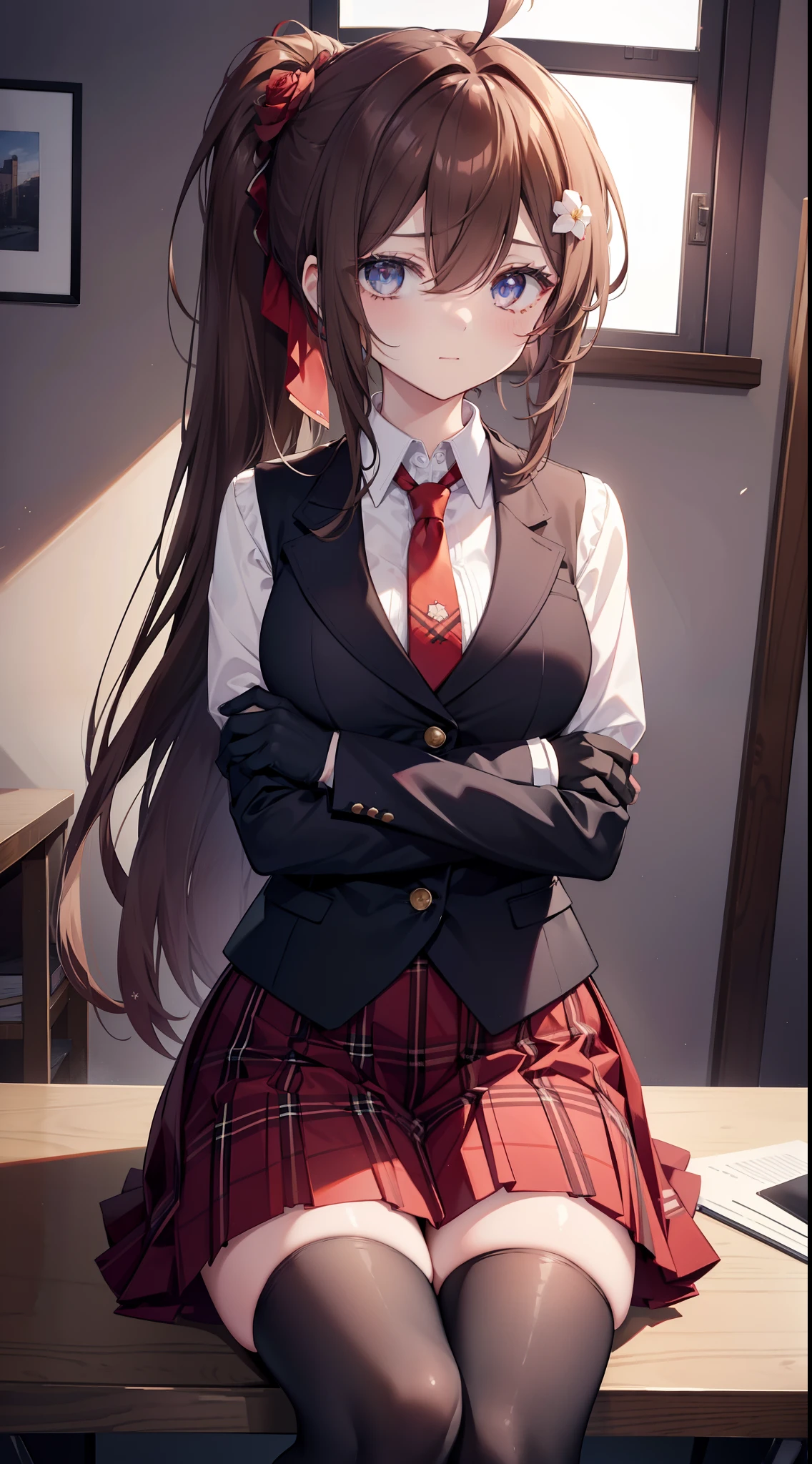 masterpiece, best quality, ultra-detailed, illustration, warm lighting, bright colors, 1girl,solo, long hair, very long hair, chifuyu, crossed arms, amused, sitting, office, office work,
action, ahoge, bangs, black_jacket, blue_eyes, breasts, brown_hair, brown_vest, buttons, closed_mouth, collared_shirt, double-breasted, dress_shirt, flower, gloves, hair_between_eyes, hair_flower, hair_ornament, hair_over_eyes, jacket, light_particles, long_sleeves, looking_at_viewer, necktie, plaid, plaid_skirt, pleated_skirt, ponytail, red_flower, red_necktie, red_rose, red_skirt, rose, shirt, skirt, thighhighs, vest, weapon, white_shirt, zettai_ryouiki,