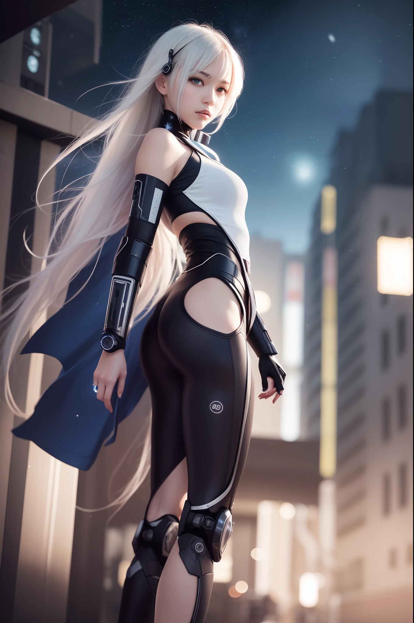Masterpiece, best quality, 4k, mecha, starry sky, sky, stars(sky), cape, headband, slender legs, long hair, white hair, cyberpunk, depth of field, blurred background,