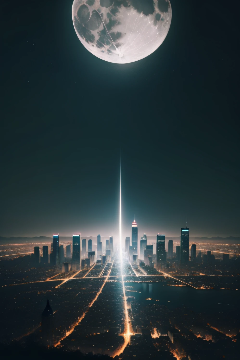 A city at night with a large moon and vegetation