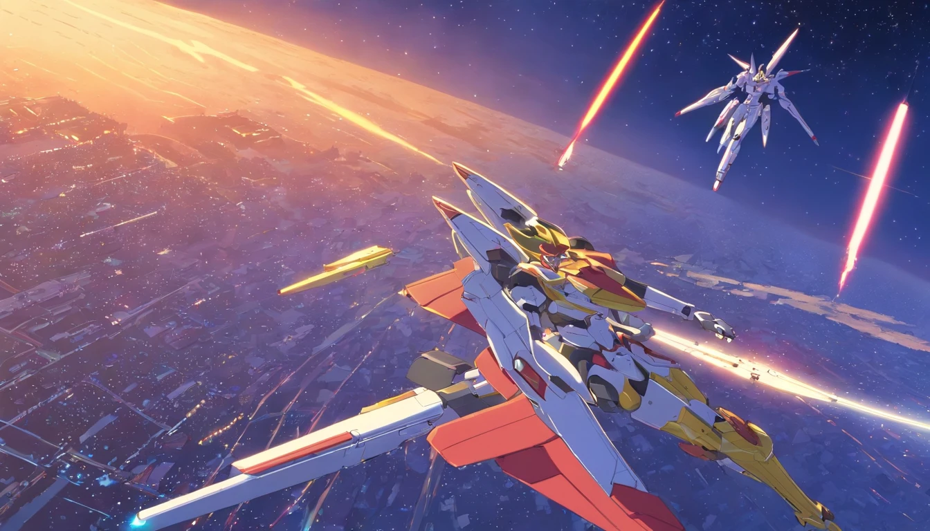 Broad lens，k hd，Gundam wing battle in space，Incredibly detailed illustration of the location, full bodyesbian, incredibily detailed, perfect shadow, Dynamic background, Ultra-realistic drawing style，Super shocking