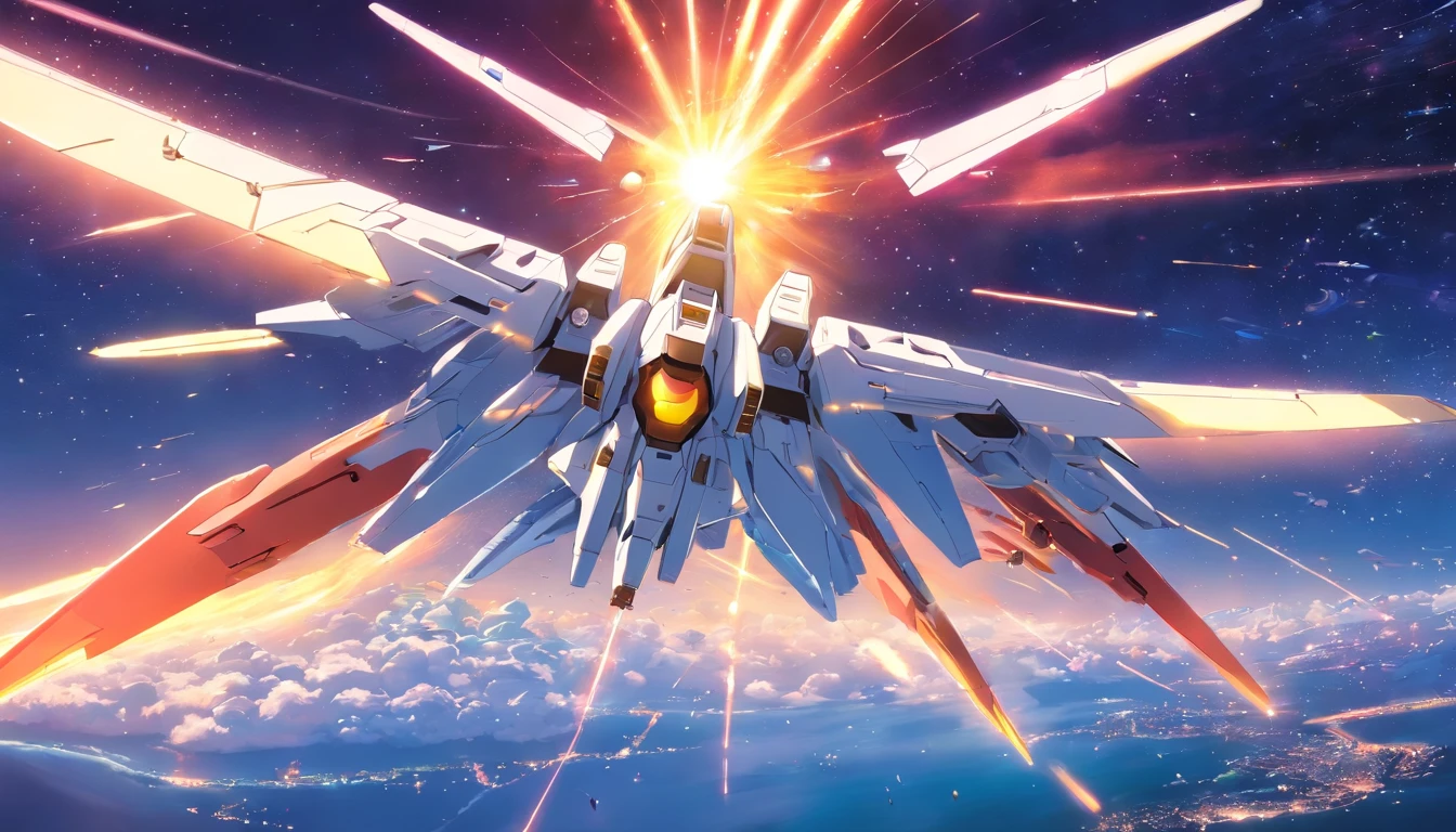 Broad lens,k hd,Gundam wing battle in space,Incredibly detailed illustration of the location, full bodyesbian, incredibily detailed, perfect shadow, Dynamic background, Ultra-realistic drawing style,Super shocking