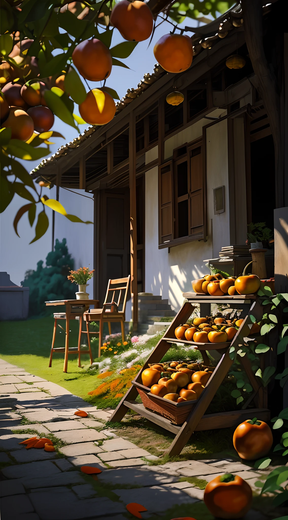 Chinese countryside in the 80s，tile-roofed house，It has a sense of age，Warm late autumn colors，Wooden table and chairs in the courtyard，There are fruit plates on the table，It is surrounded by flowers and plants，There are trees and flowers around，A beautiful artwork illustration，landscape artwork，autumnal，Morning，There is a persimmon tree，It is covered with red persimmons，Lens wide angle，Faraway view，Works of masters，Anime background art，ghibli studio art，