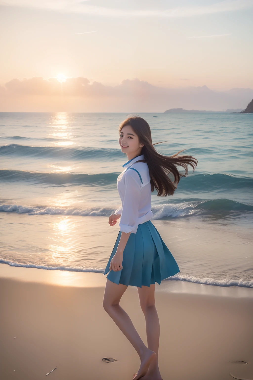 (top-quality、8K、32K、​masterpiece）Beautuful Women、in school uniform、Sunset,sea side、Hair fluttering in the wind、Walking along the sandy beach、Rear view