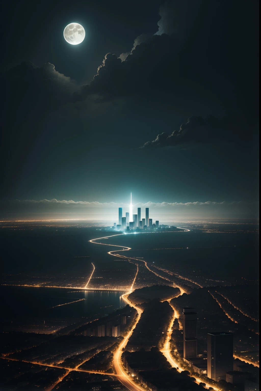 A city at night with a large moon and vegetation