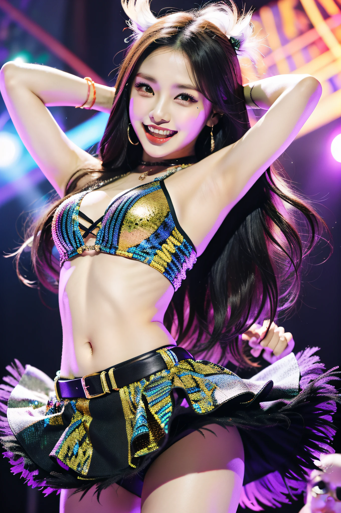 Vivid depiction of "Eri Kamei" From Morning Musume。, Immerse yourself in the world of idols. Her outfits are a blend of retro and modern, Energetic dance moves. Props such as feather boas and sunglasses enhance her appearance, Set design takes viewers to live concerts. Close-up shots capture her singing, Her white teeth and skin glowing under the concert light. playful expression, Group Organization, and iconic dance moves bring the scene to life. Images should be of the highest quality, Capturing the essence of live performances with the charm of idols. Use Sony Alpha a9 II mirrorless camera, FE 24-70mm f/2.8 GM Lenses, Resolution 24.2 megapixels, ISO sensit: 204,800, Shutter Speed 1/32000 seconds - AR 16:9 - V5.1 --Style raw --Q 2 --S 750.