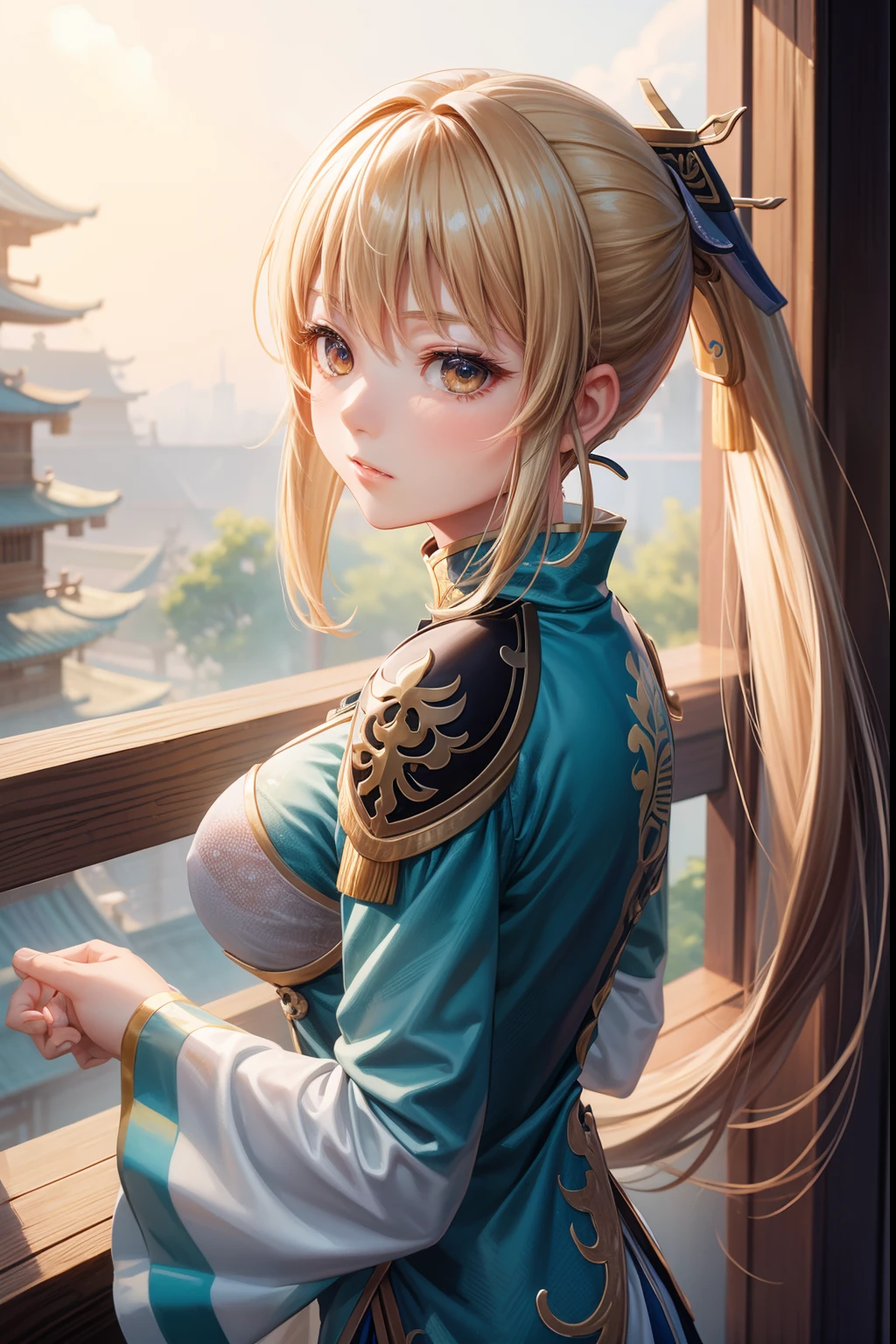 wang_Yuanji(Wang Yuanjie)、1girl, masterpiece、top-quality、ponytail, 小柄、Sharp eyes、huge tit、