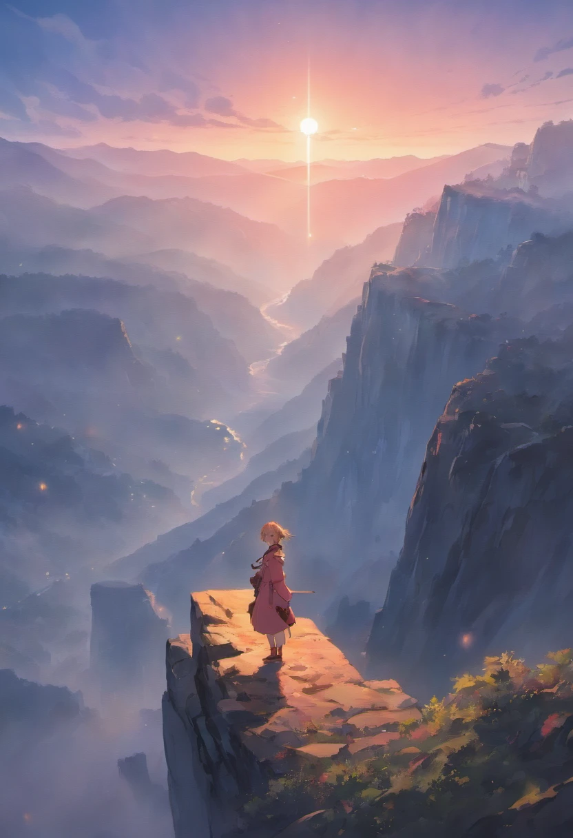 A solitary figure stands at the edge of a rugged cliff, overlooking a vast, mist-covered valley below. The early morning sun paints the sky with shades of pink and orange.