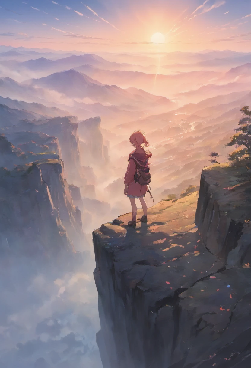 A solitary figure stands at the edge of a rugged cliff, overlooking a vast, mist-covered valley below. The early morning sun paints the sky with shades of pink and orange.