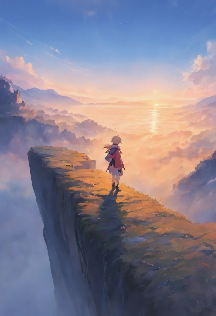 A solitary figure stands at the edge of a rugged cliff, overlooking a vast, mist-covered valley below. The early morning sun paints the sky with shades of pink and orange.