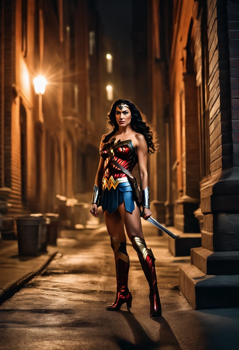 Wonder Woman in a dark city street in Canada