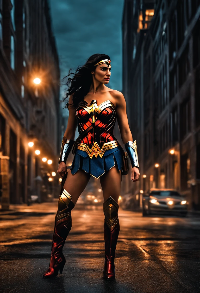 Wonder Woman in a dark city street in Canada