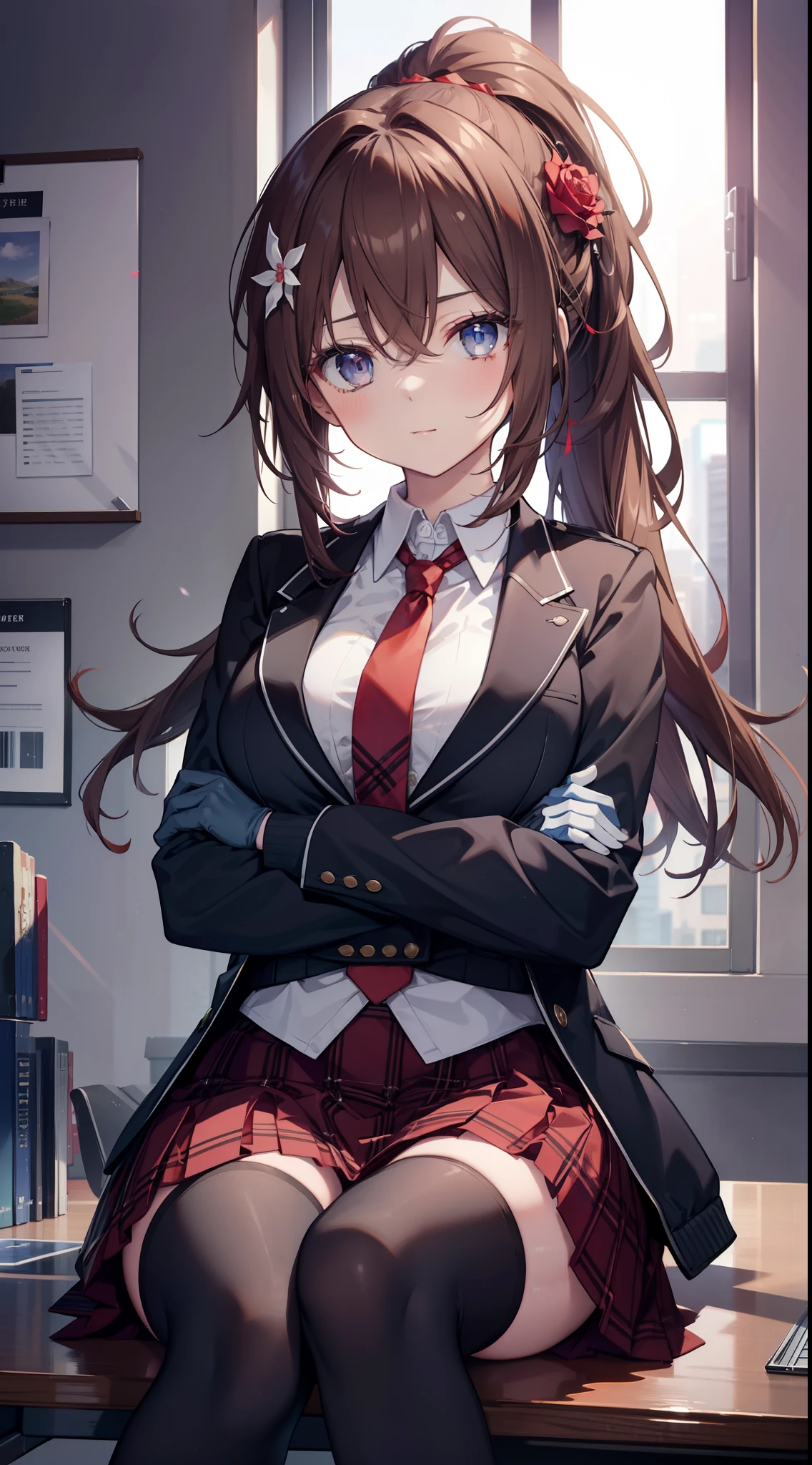 masterpiece, best quality, ultra-detailed, illustration, warm lighting, bright colors, 1girl,solo, long hair, very long hair, chifuyu, crossed arms, amused, sitting, office, office work,

action, ahoge, bangs, black_jacket, blue_eyes, breasts, brown_hair, brown_vest, buttons, closed_mouth, collared_shirt, double-breasted, dress_shirt, flower, gloves, hair_between_eyes, hair_flower, hair_ornament, hair_over_eyes, jacket, light_particles, long_sleeves, looking_at_viewer, necktie, plaid, plaid_skirt, pleated_skirt, ponytail, red_flower, red_necktie, red_rose, red_skirt, rose, shirt, skirt, thighhighs, vest, weapon, white_shirt, zettai_ryouiki,