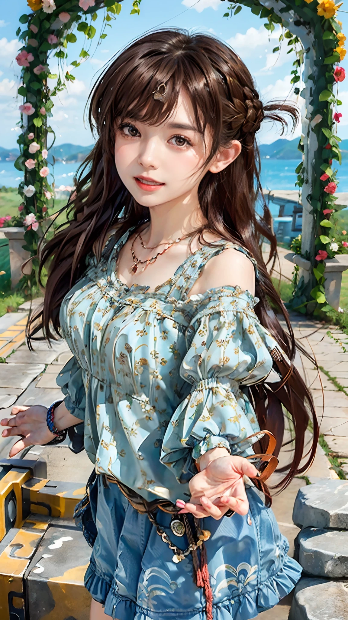 1girl, long hair, jewelry, open mouth, smile, solo, brown hair, skirt, blue skirt, necklace, flower, brown eyes, outstretched hand, outdoors, looking at viewer, bracelet, floral print, bush, breasts, blurry, unmoving pattern, :d, half updo, outstretched arm, collarbone